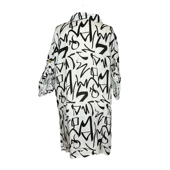 Women's White Linen Shirt Button Up Size L Black Script Made in Italy - Picture 4 of 4